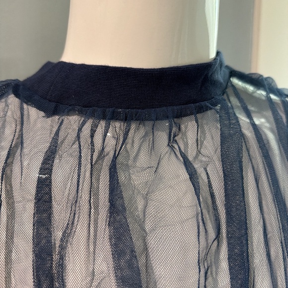 NWTElegant Navy Sheer Yoke High neck line puff sleeve super soft stretch bottom - Picture 4 of 8